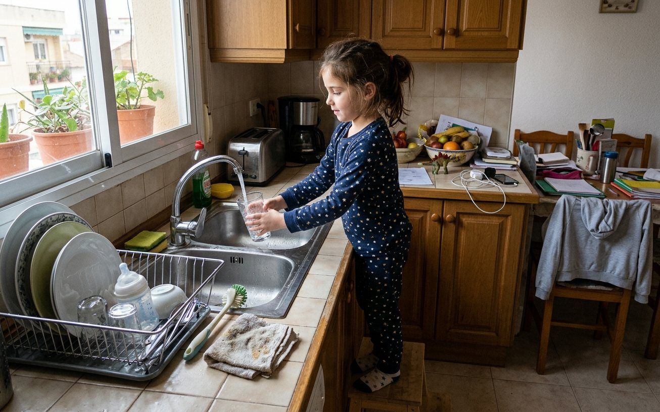 Niña llenando un vaso de agua en el grifo de la cocina