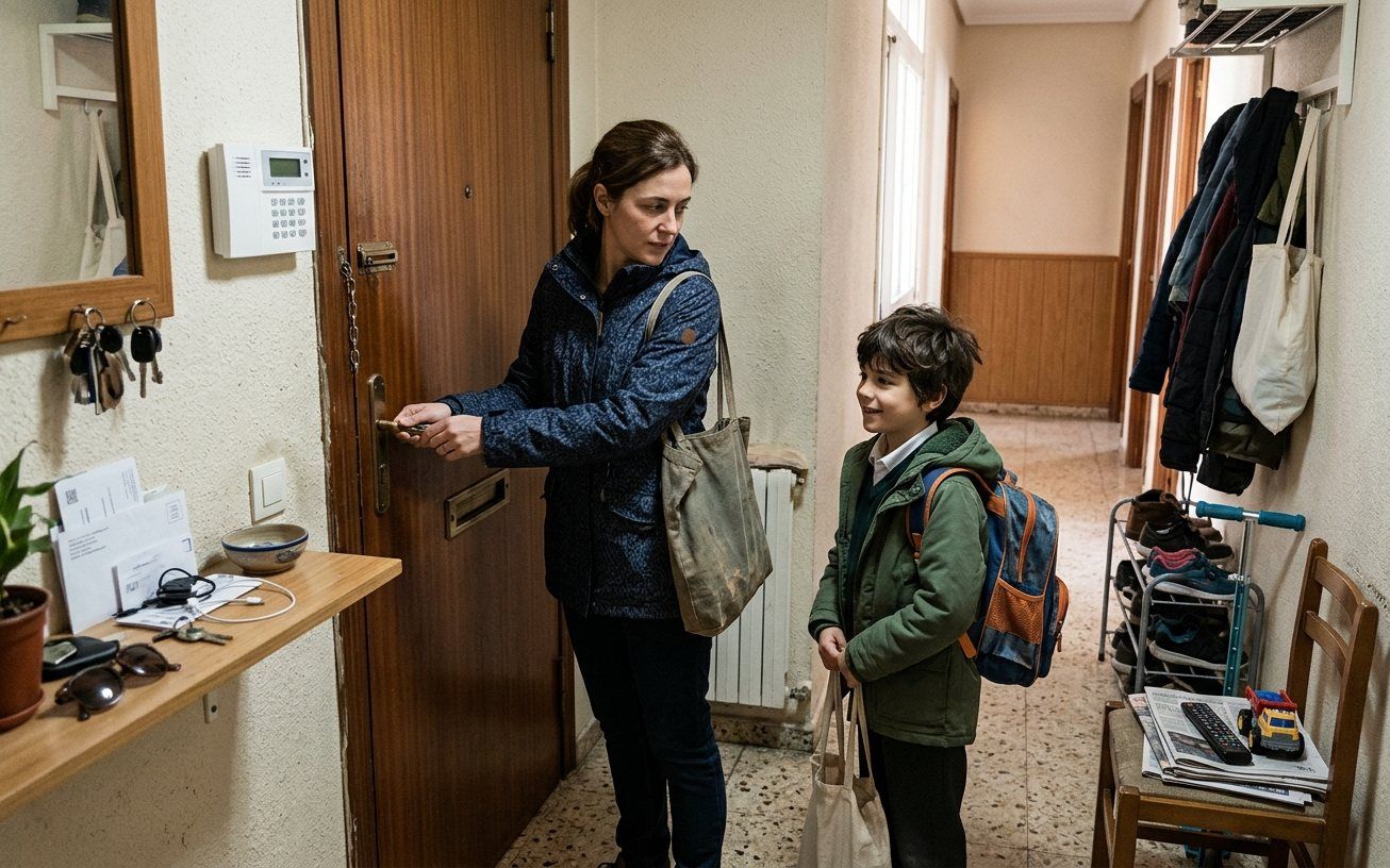 Madre cerrando la puerta con su hijo, con el panel de la alarma en la pared