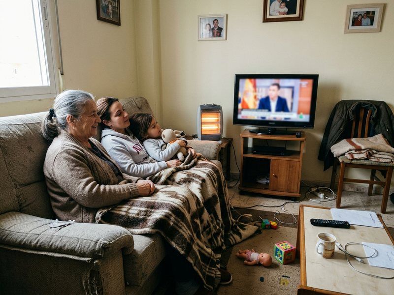 Familia en el sofá de casa junto a una estufa