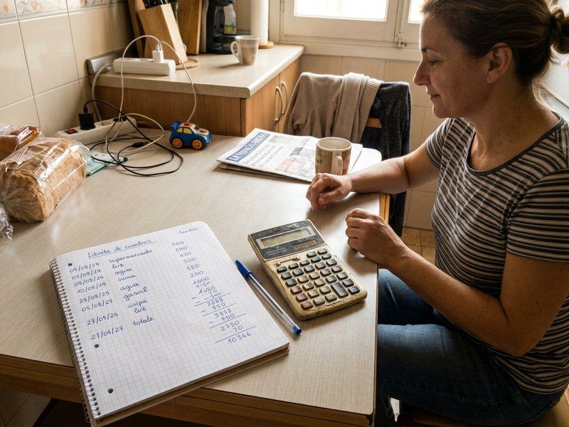 Libreta con cuentas y calculadora sobre la mesa