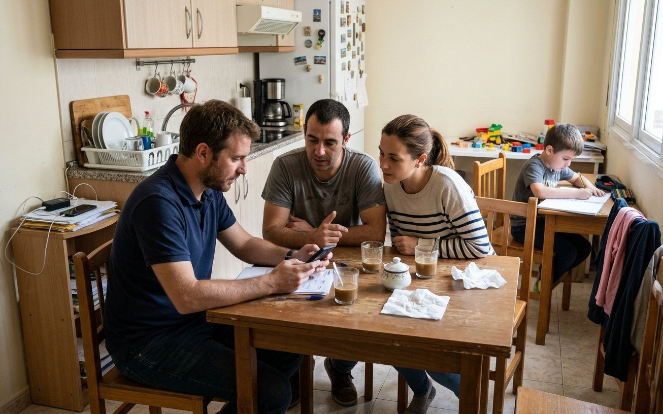 Asesor en la mesa de una familia revisando papeles